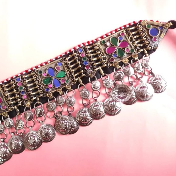 Multicolor Afghan Choker, Afghan Kuchi Glass Stones And Dangling Tassels Necklac - Picture 1 of 9